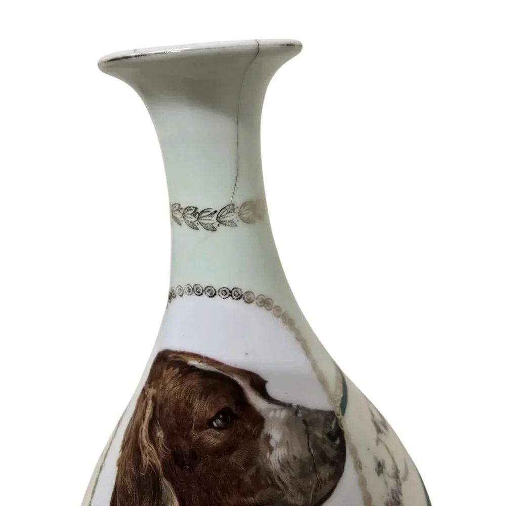 Antique Hand-Painted Porcelain Vase With Dog Portrait & Gold Detailing
